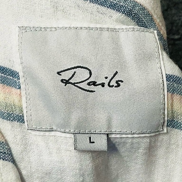 Rails Angelina Ryland Smocked Waist Linen Stripe Dress Size Large Blue White - Picture 6 of 8